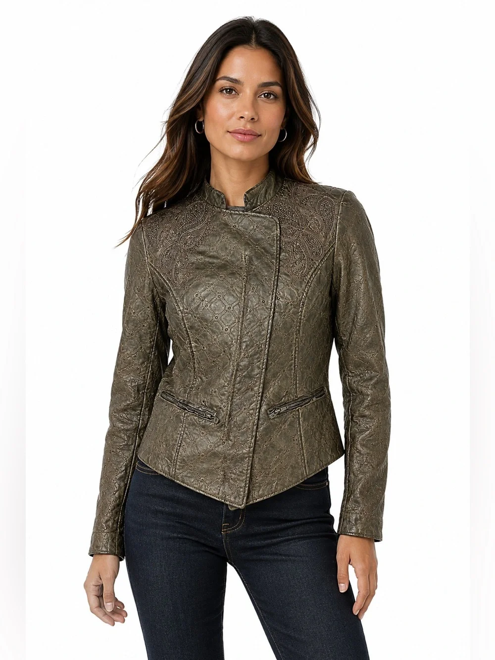 NEW Allen Schwartz Womens Small Lattice Embroidered Brown Faux Leather Jacket